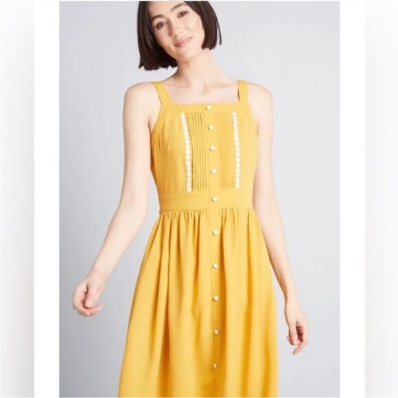 ModCloth Mustard Midi Sundress, Romantic CottageCore Button front Lace - Small - Picture 1 of 13